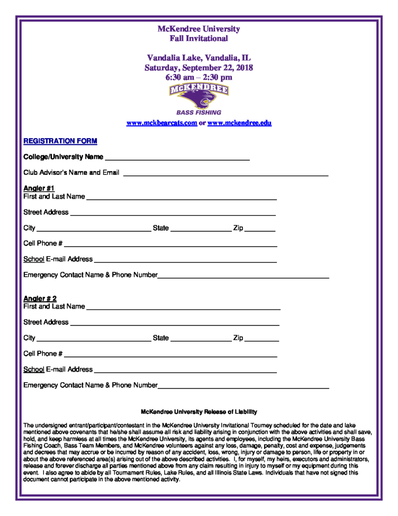 McKendree Fall 18 Registration Form Vandalia - Collegiate Bass Championship